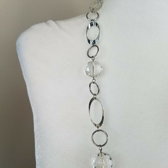 Clear Bead Necklace 32" Silver Tone Oval Chain Mod Retro Style - Picture 5 of 7
